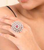 Red american daimond & silver plated hart adjestable ring