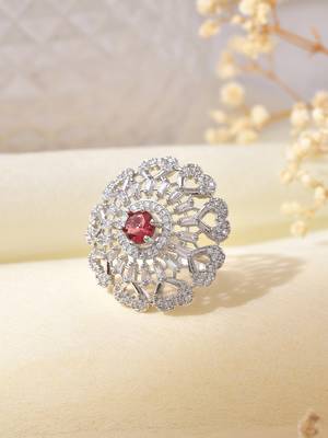 Red american daimond & silver plated hart adjestable ring 2