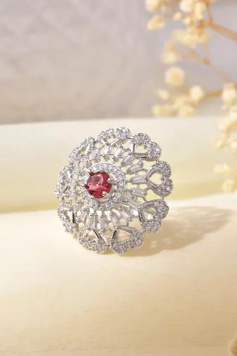 Red american daimond & silver plated hart adjestable ring
