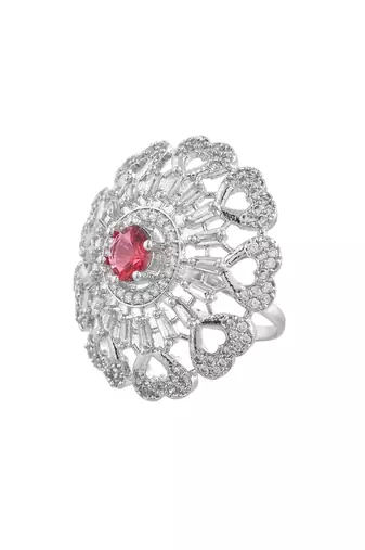 Red american daimond & silver plated hart adjestable ring