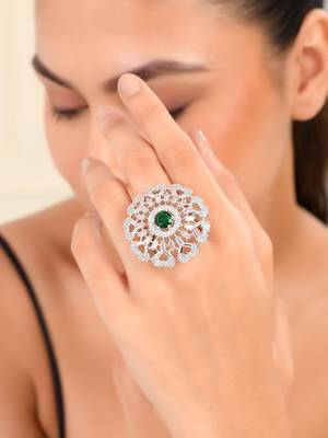 Green american daimond & silver plated hart adjestable ring 1