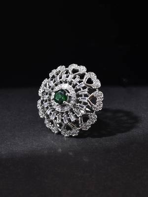 Green american daimond & silver plated hart adjestable ring 2