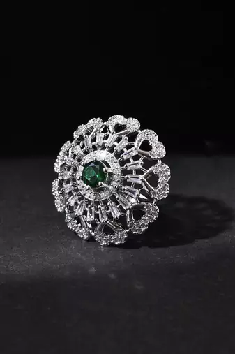 Green american daimond & silver plated hart adjestable ring