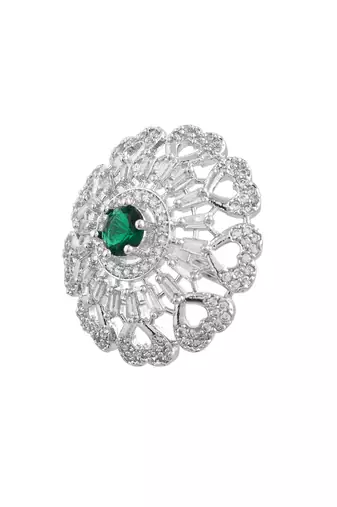 Green american daimond & silver plated hart adjestable ring