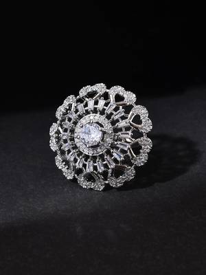 White american daimond & silver plated hart adjestable ring 2