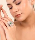 Green american daimond & silver platedfloral adjustable ring