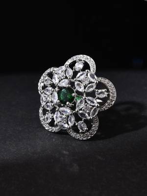 Green american daimond & silver platedfloral adjustable ring 2