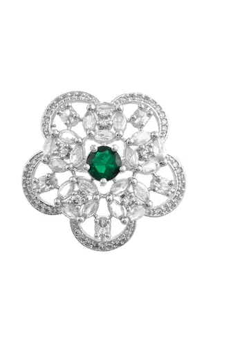 Green american daimond & silver platedfloral adjustable ring
