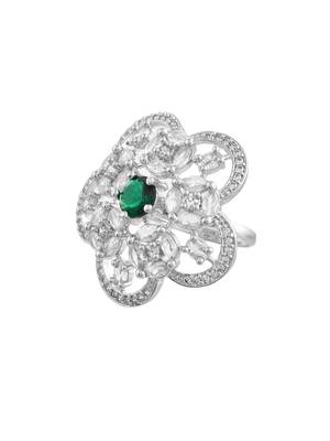Green american daimond & silver platedfloral adjustable ring 4