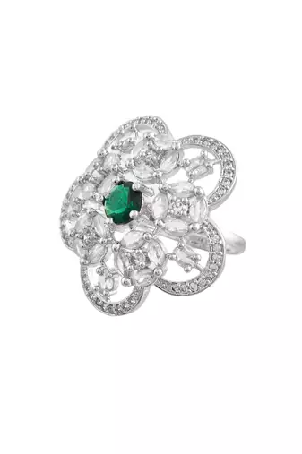 Green american daimond & silver platedfloral adjustable ring