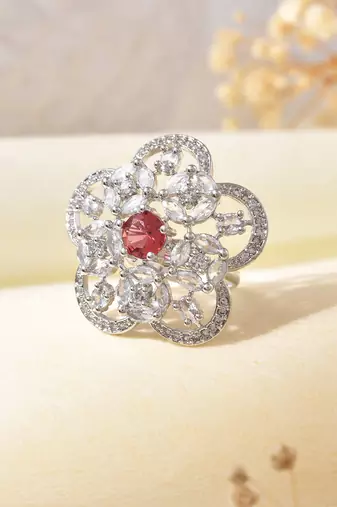 Red american daimond & silver plated adjustable  ring
