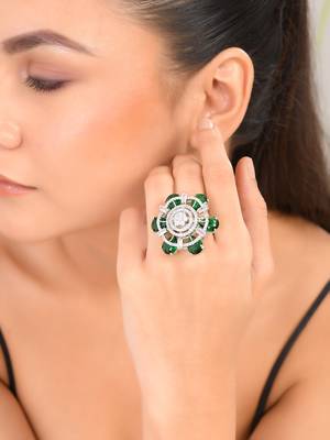 Green american daimond & silver plated adjustable  ring 1