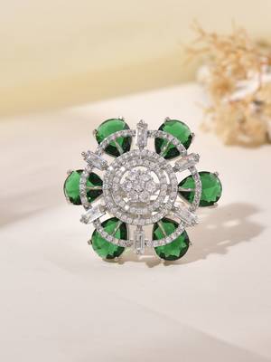 Green american daimond & silver plated adjustable  ring 2