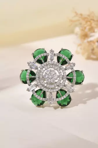 Green american daimond & silver plated adjustable  ring