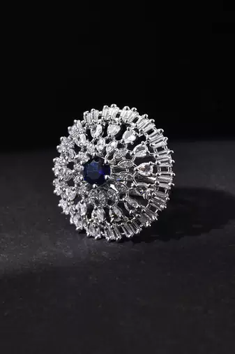 Blue american daimond & silver plated adjustable  ring