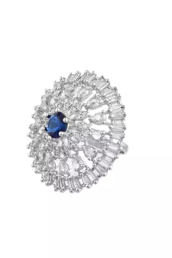 Blue american daimond & silver plated adjustable  ring