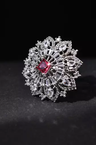 Red american daimond & silver plated adjustable  ring