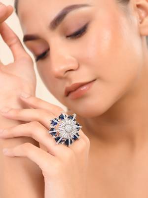 Blue american daimond & silver plated adjustable  ring 1