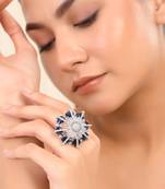 Blue american daimond & silver plated adjustable  ring