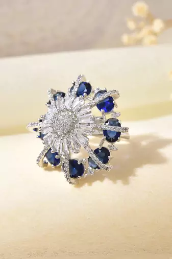 Blue american daimond & silver plated adjustable  ring