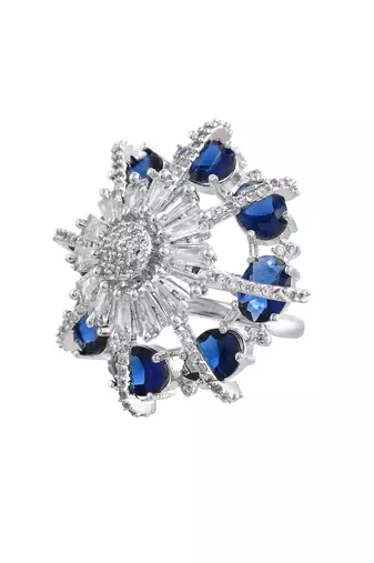 Blue american daimond & silver plated adjustable  ring
