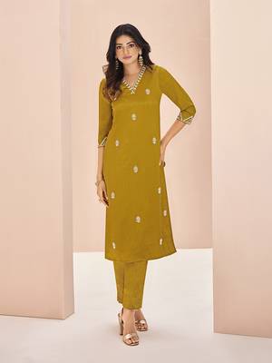 Elegant mustard kurti trousers set with handwork 1