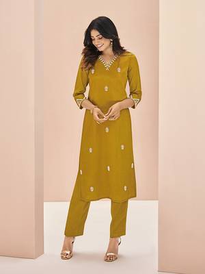 Elegant mustard kurti trousers set with handwork 2