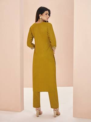 Elegant mustard kurti trousers set with handwork 3