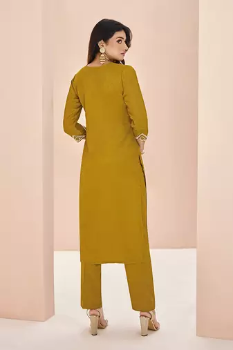 Elegant mustard kurti trousers set with handwork
