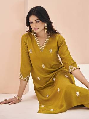 Elegant mustard kurti trousers set with handwork 4