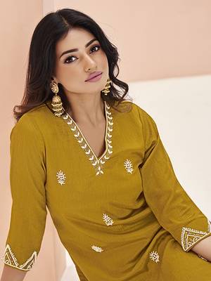 Elegant mustard kurti trousers set with handwork 5