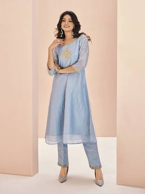Elegant teal blue kurti trousers set with embroidery 1