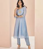 Elegant teal blue kurti trousers set with embroidery
