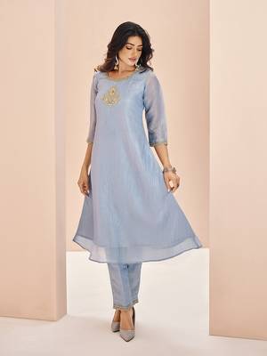 Elegant teal blue kurti trousers set with embroidery 2