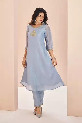 Elegant teal blue kurti trousers set with embroidery
