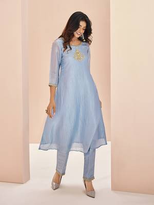 Elegant teal blue kurti trousers set with embroidery 3