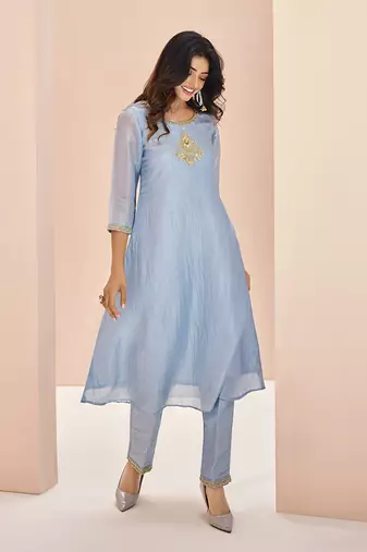 Elegant teal blue kurti trousers set with embroidery
