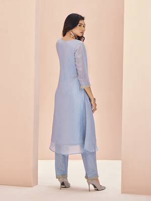 Elegant teal blue kurti trousers set with embroidery 4