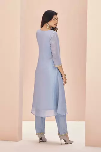Elegant teal blue kurti trousers set with embroidery
