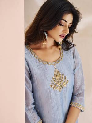 Elegant teal blue kurti trousers set with embroidery 5