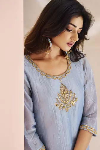Elegant teal blue kurti trousers set with embroidery