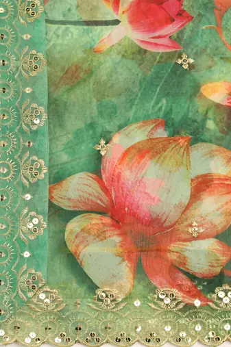 Elegant Green Colour Organza Dupatta With Girlie Floral Prints And Sequins Work