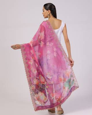 Elegant Pink Colour Organza Dupatta With Girlie Floral Prints And Sequins Work 2