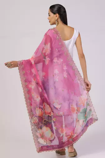 Elegant Pink Colour Organza Dupatta With Girlie Floral Prints And Sequins Work