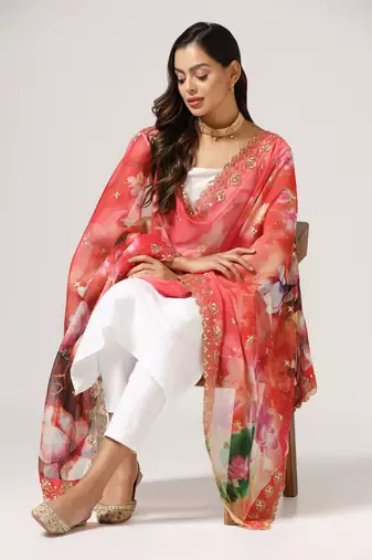 Elegant Red Colour Organza Dupatta With Girlie Floral Prints And Sequins Work