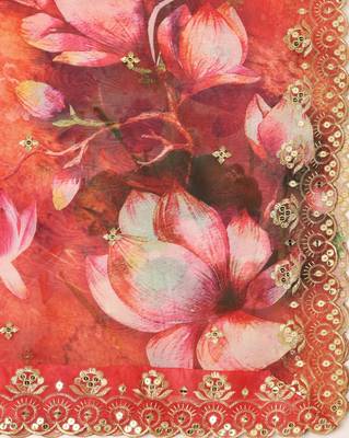Elegant Red Colour Organza Dupatta With Girlie Floral Prints And Sequins Work 3
