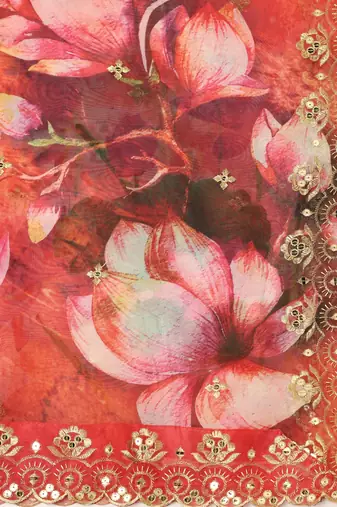 Elegant Red Colour Organza Dupatta With Girlie Floral Prints And Sequins Work