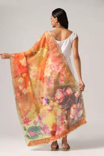 Elegant Yellow Colour Organza Dupatta With Girlie Floral Prints And Sequins Work