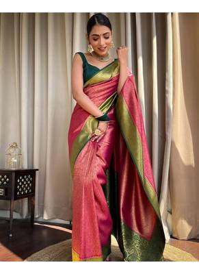 Pink Designer Weaving Jacquard Faux Banarasi Soft Silk Traditional Saree 2