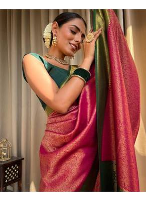 Pink Designer Weaving Jacquard Faux Banarasi Soft Silk Traditional Saree 3